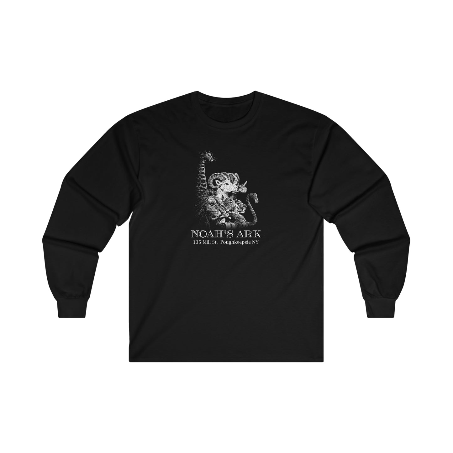 Black long sleeve cotton tee featuring a white Noah's Ark graphic print on the chest with classic fit.