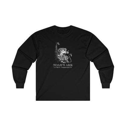 Black long sleeve cotton tee featuring a white Noah's Ark graphic print on the chest with classic fit.