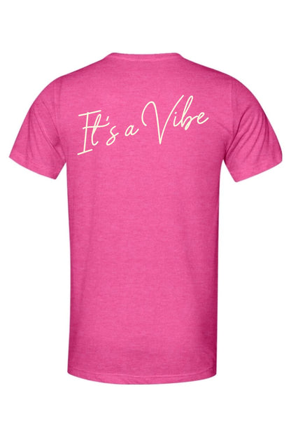 Berry-colored tri-blend t-shirt with It's a Vibe script text printed on the back.