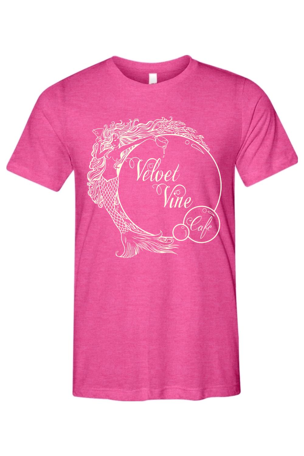Berry-colored tri-blend t-shirt featuring a white graphic of a mermaid and the Velvet Vine Cafe logo.