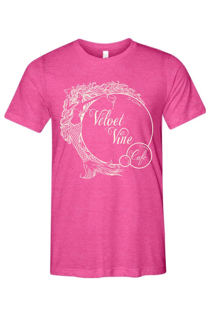 Berry-colored tri-blend t-shirt featuring a white graphic of a mermaid and the Velvet Vine Cafe logo.
