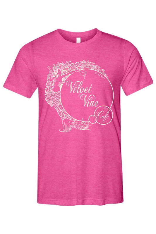 Berry-colored tri-blend t-shirt featuring a white graphic of a mermaid and the Velvet Vine Cafe logo.