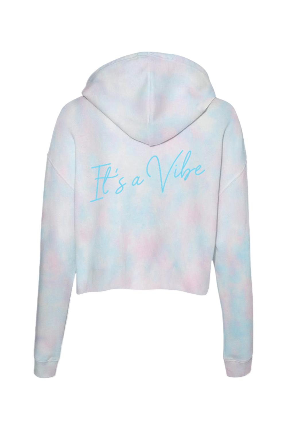 Blue and pink tie-dye lightweight crop hoodie with It's a Vibe script on the back.