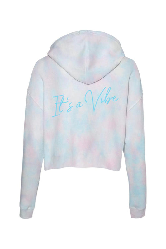 Blue and pink tie-dye lightweight crop hoodie with It's a Vibe script on the back.