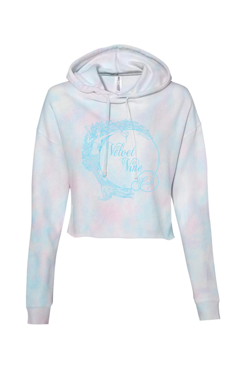 Blue and pink tie-dye cropped hoodie with a light blue Velvet Vine mermaid graphic print.