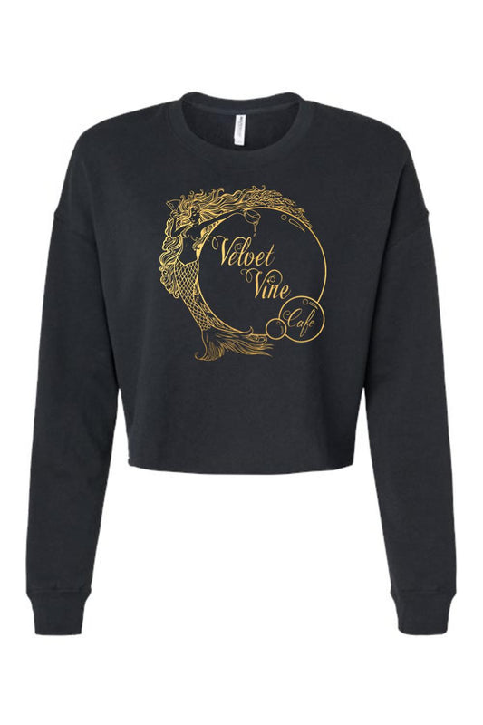 Black cropped sweatshirt featuring a gold Velvet Vine Cafe mermaid logo on the front with long sleeves.