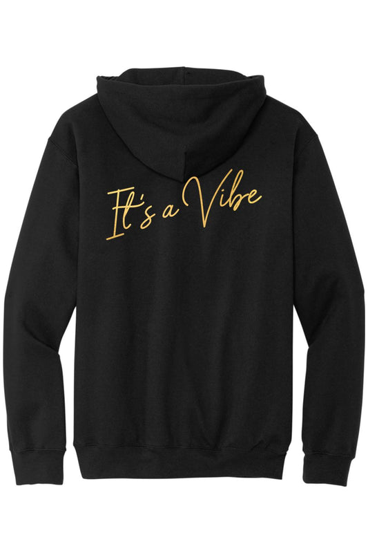 Black sponge fleece hoodie featuring It's a Vibe in gold cursive script on the back.
