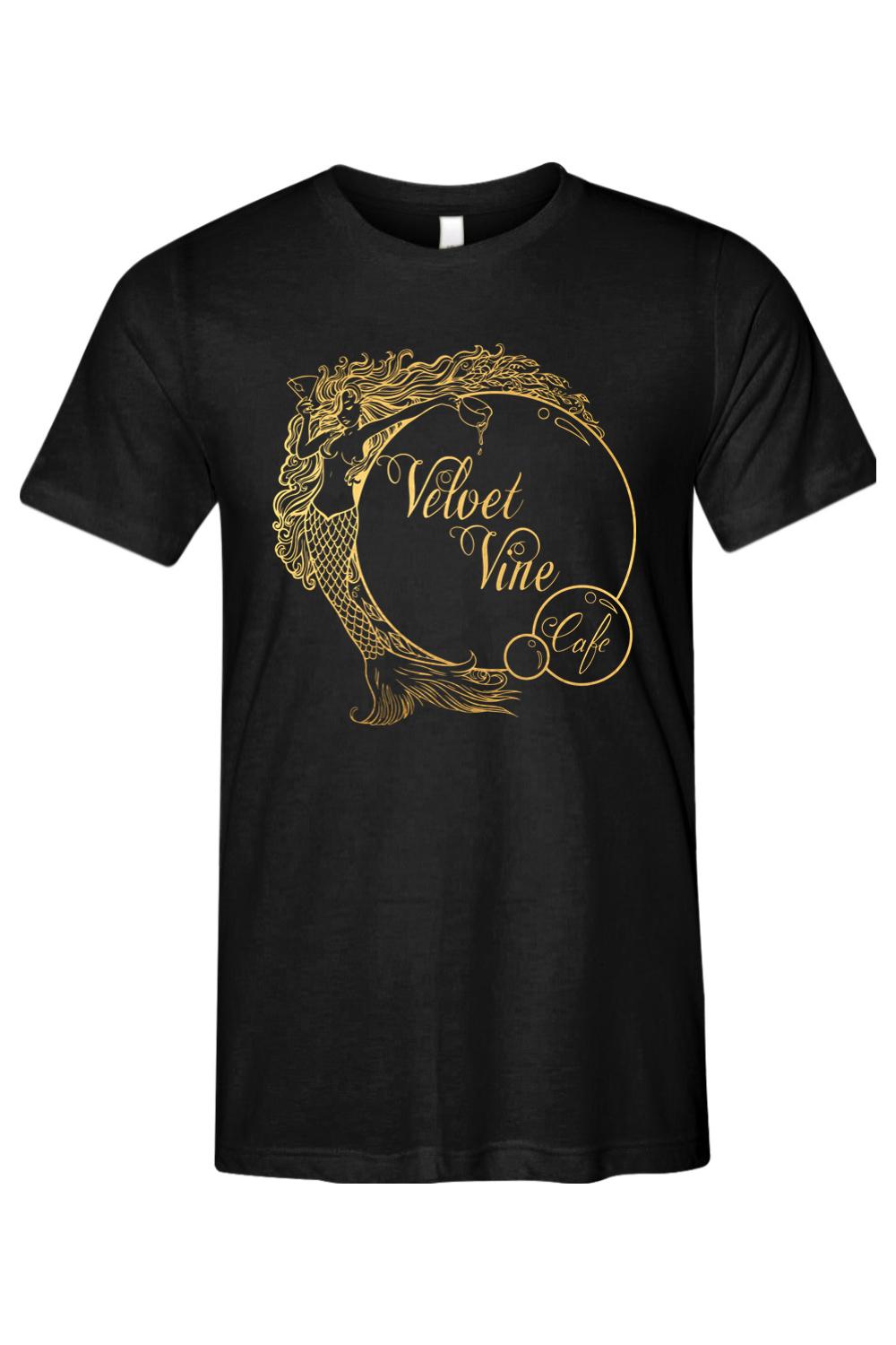 Black triblend t-shirt featuring a gold Velvet Vine Cafe mermaid logo graphic on the chest.