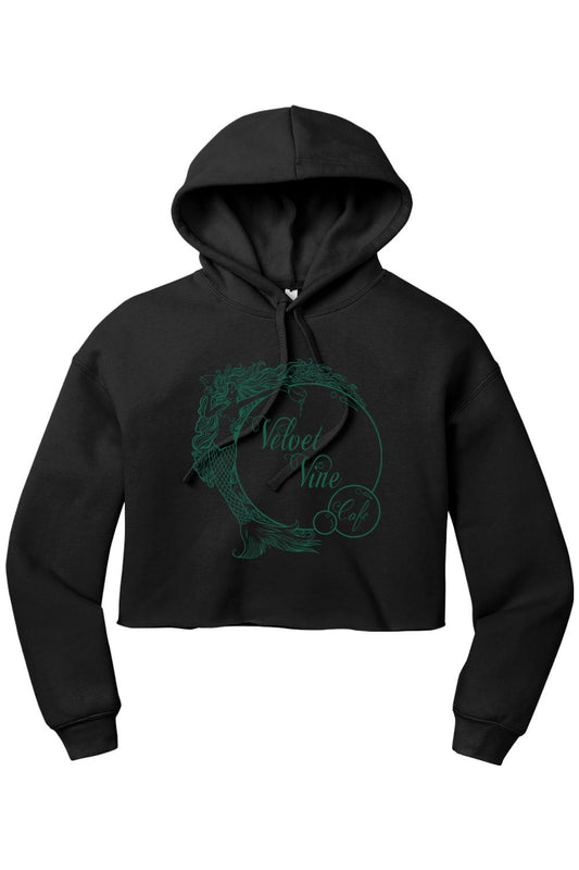 Black cropped fleece hoodie with a green Velvet Vine Cafe mermaid logo graphic on the front.
