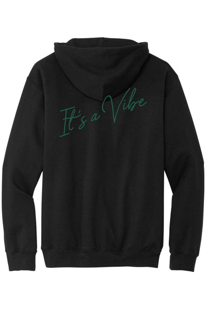 Black sponge fleece hoodie featuring a green script design on the back that reads It's a Vibe.