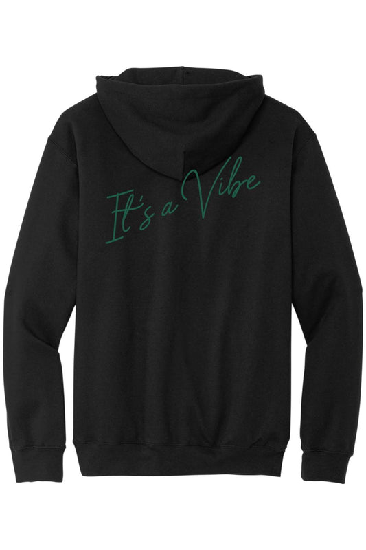 Black sponge fleece hoodie featuring a green script design on the back that reads It's a Vibe.