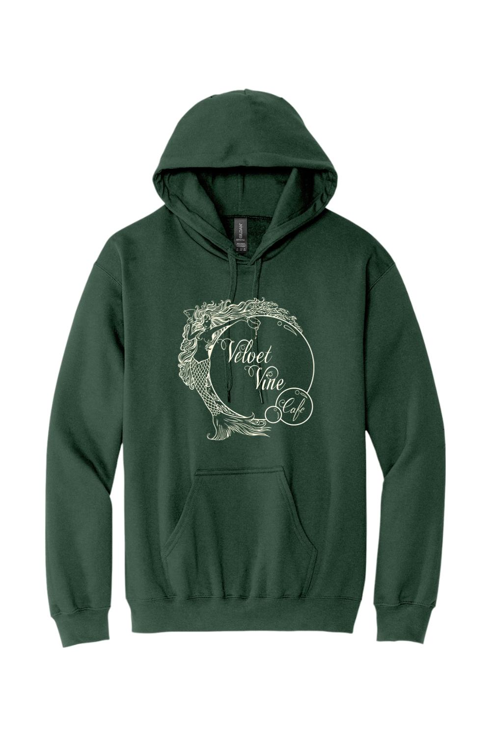 Dark green sponge fleece hoodie featuring a white Velvet Vine Cafe mermaid graphic and a front kangaroo pocket.