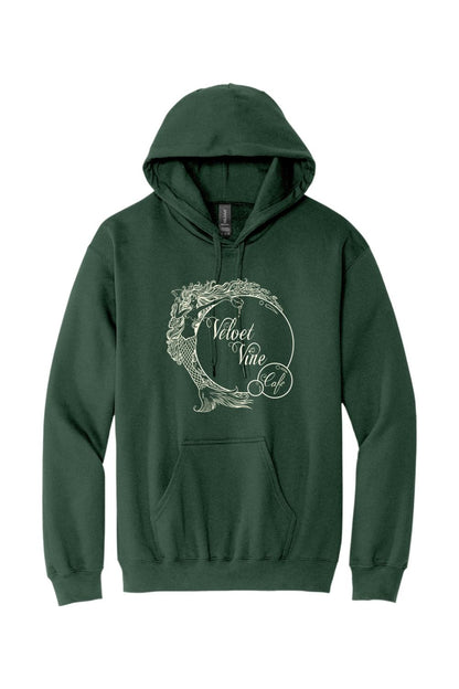 Dark green sponge fleece hoodie featuring a white Velvet Vine Cafe mermaid graphic and a front kangaroo pocket.