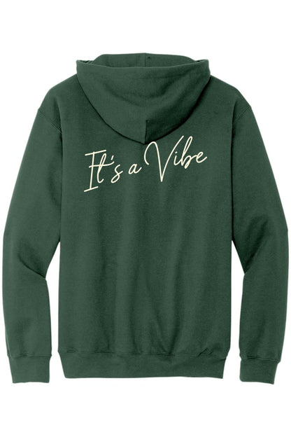 Back view of a velvet vine green sponge fleece hoodie featuring It's a Vibe in white cursive script on the back.
