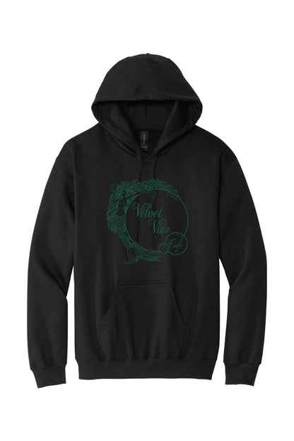 Black sponge fleece hoodie featuring a green Velvet Vine Cafe mermaid graphic on the front with a drawstring hood.