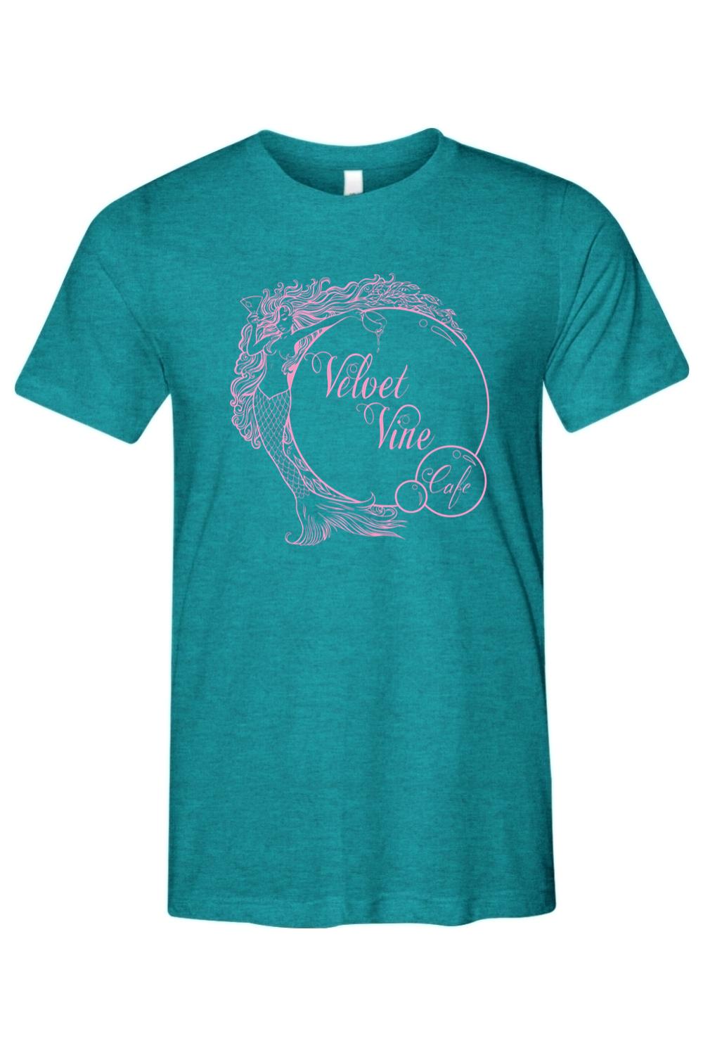 Teal triblend men's t-shirt featuring a light pink Velvet Vine Cafe mermaid logo graphic on the chest.