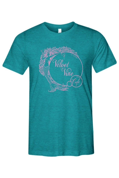 Teal triblend men's t-shirt featuring a light pink Velvet Vine Cafe mermaid logo graphic on the chest.