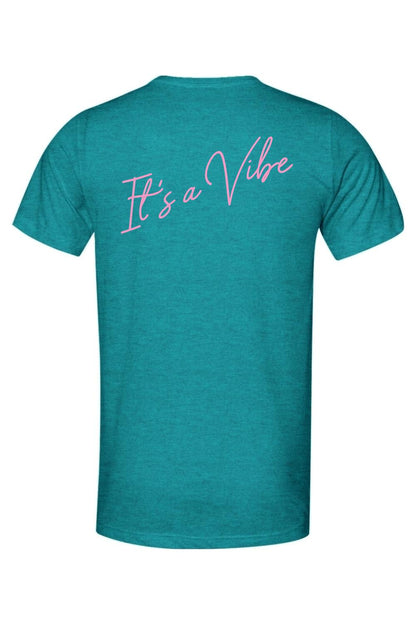 Teal heathered triblend men's t-shirt featuring It's a Vibe in pink script on the back.