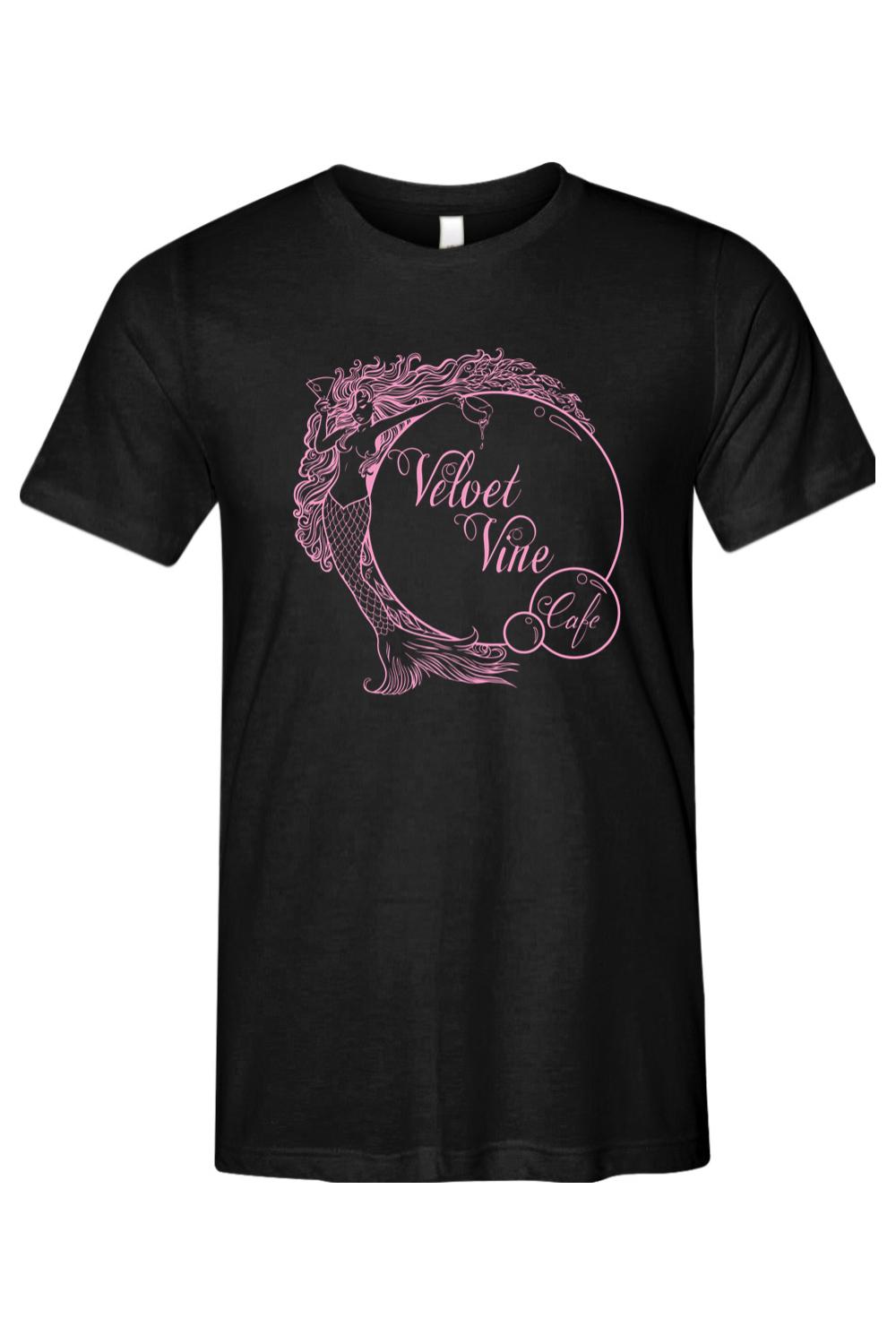 Black triblend men's t-shirt featuring a pink Velvet Vine Cafe mermaid logo graphic on the chest.