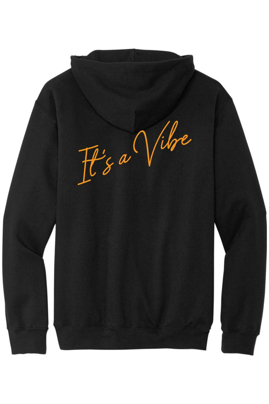 Black sponge fleece zip-up hoodie featuring an orange It's a Vibe script logo on the back.