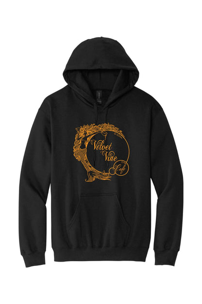Black sponge fleece hoodie with a gold Velvet Vine Cafe mermaid logo graphic on the chest.