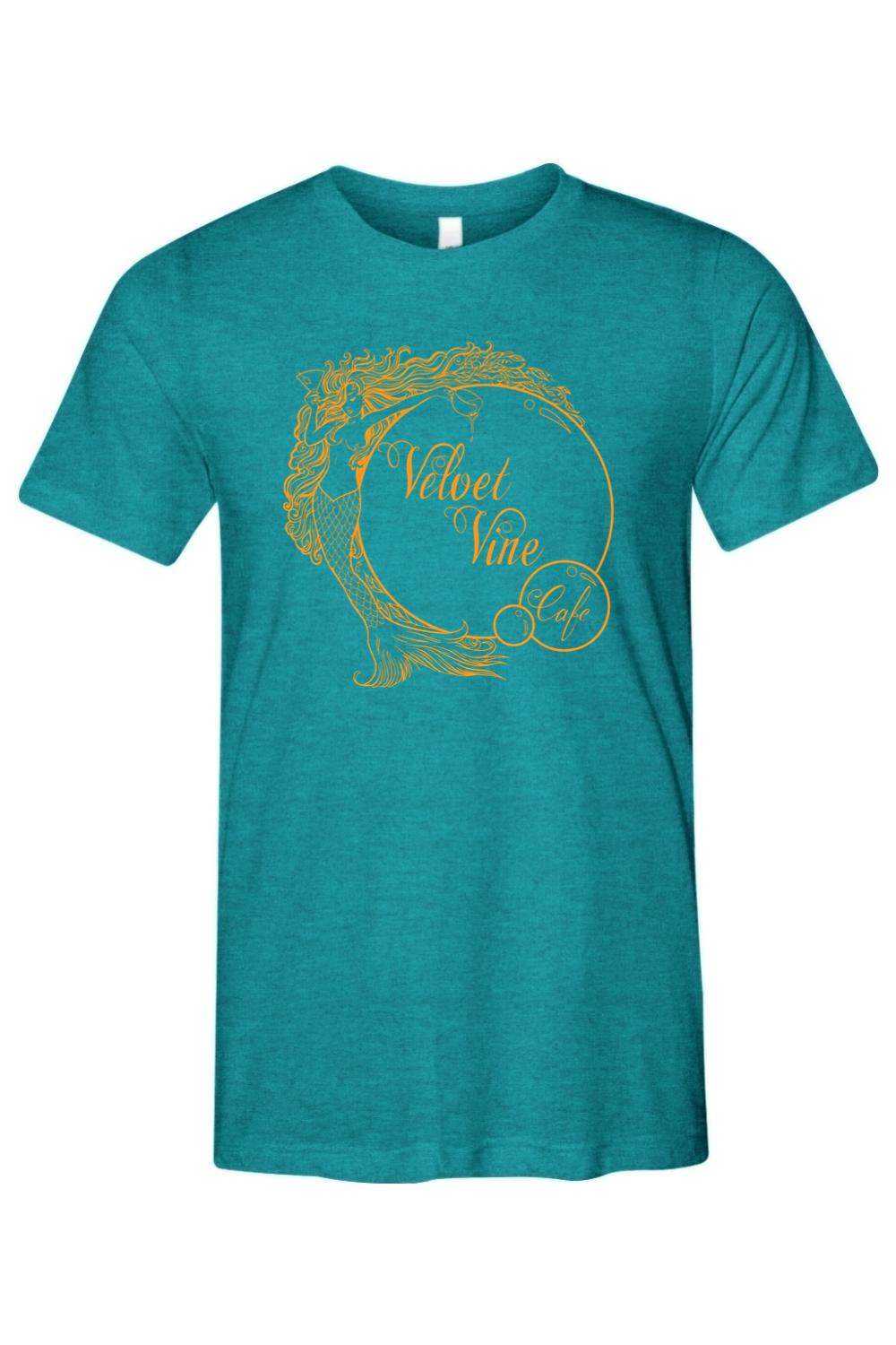 Teal triblend men's t-shirt featuring a circular orange Velvet Vine Cafe mermaid logo graphic on the chest.