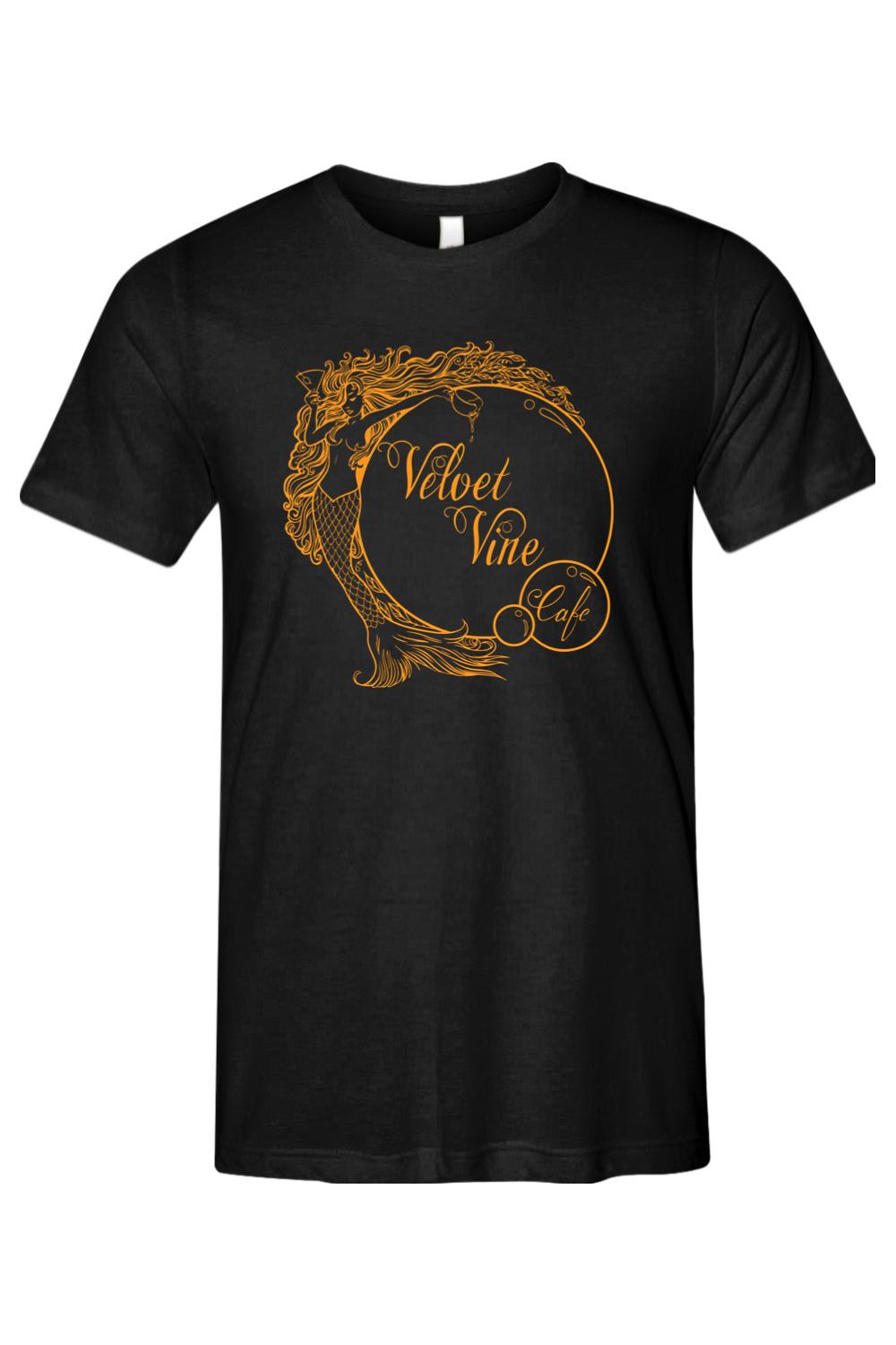 Black triblend men's t-shirt featuring a circular orange Velvet Vine Cafe mermaid logo graphic on the chest.