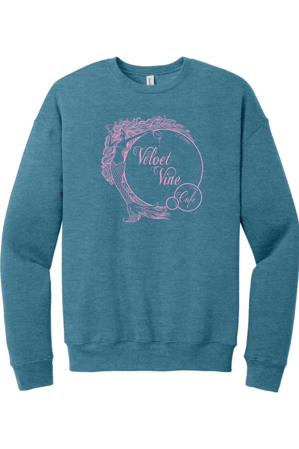 Blue sponge fleece crewneck sweatshirt featuring a pink Velvet Vine Cafe mermaid logo graphic on the chest.