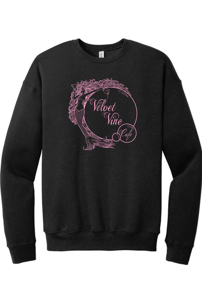 Black sponge fleece crewneck sweatshirt featuring a pink Velvet Vine Cafe mermaid logo graphic on the chest.