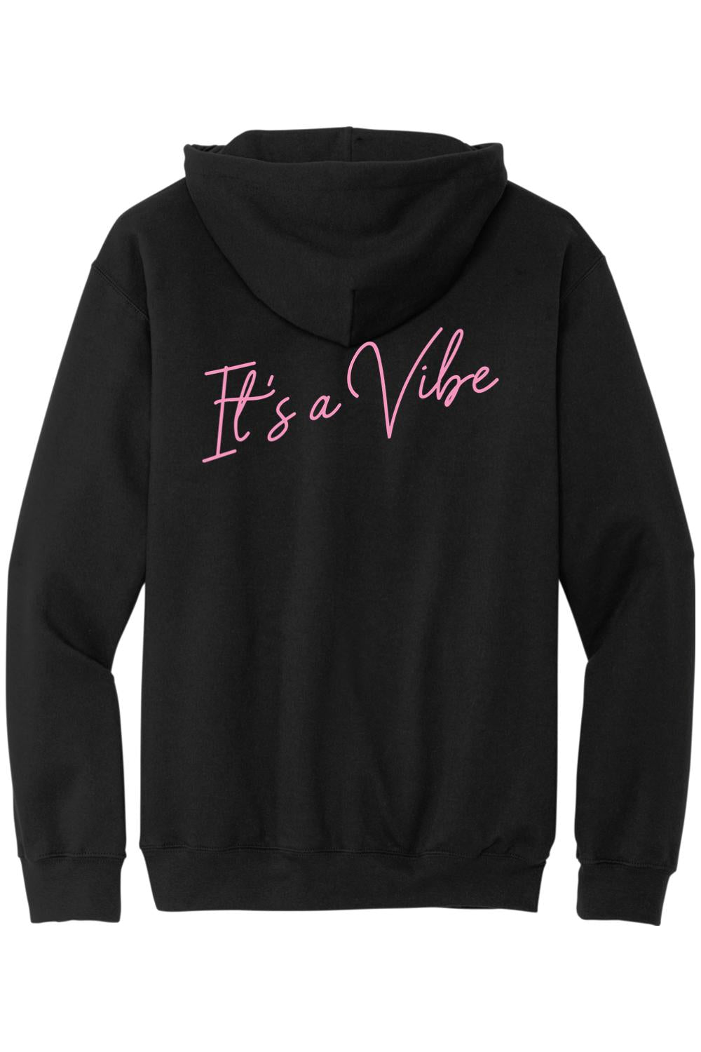 Black sponge fleece hoodie featuring a pink cursive It's a Vibe logo on the back.
