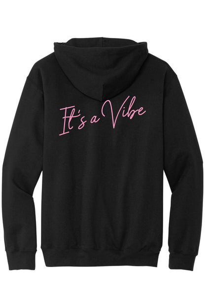 Black sponge fleece hoodie featuring a pink cursive It's a Vibe logo on the back.