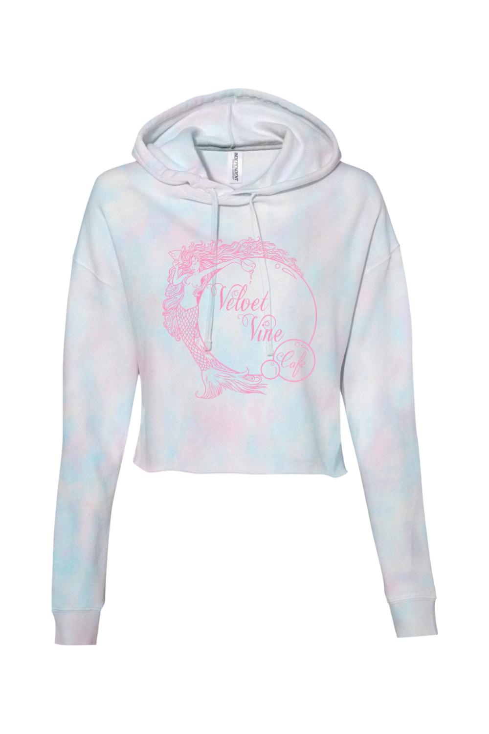 Lightweight pink and blue tie-dye cropped hoodie with a pink Velvet Vine Cafe mermaid graphic print.