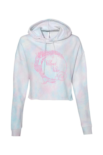 Lightweight pink and blue tie-dye cropped hoodie with a pink Velvet Vine Cafe mermaid graphic print.