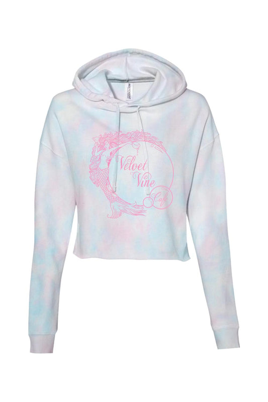 Lightweight pink and blue tie-dye cropped hoodie with a pink Velvet Vine Cafe mermaid graphic print.