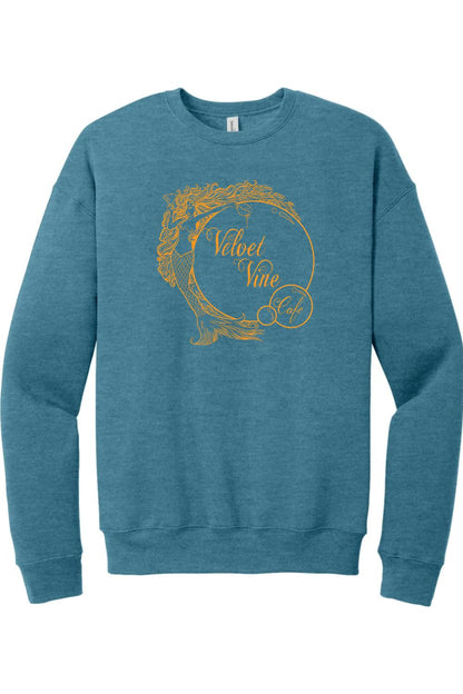 Blue sponge fleece crewneck sweatshirt featuring a gold mermaid and Velvet Vine Cafe graphic print.