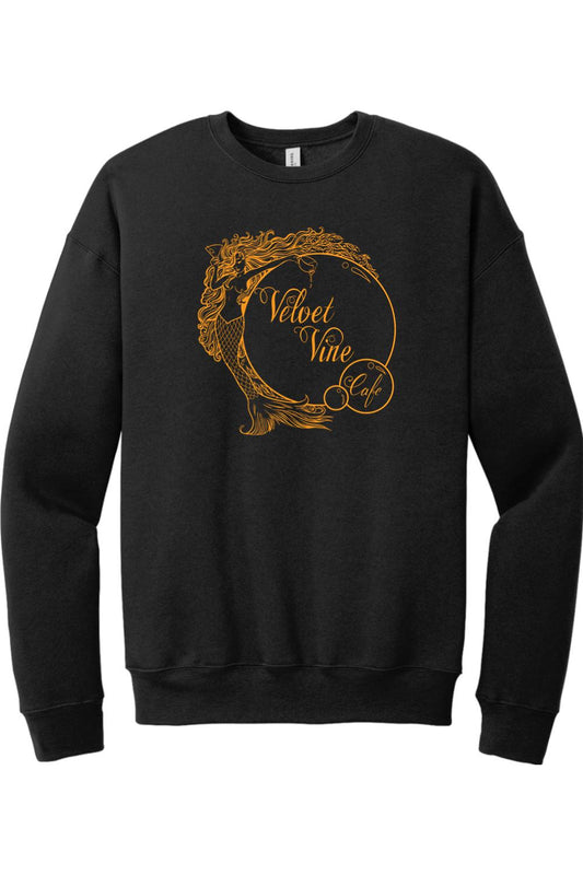 Black sponge fleece crewneck sweatshirt featuring a gold mermaid graphic and Velvet Vine Cafe logo on the chest.