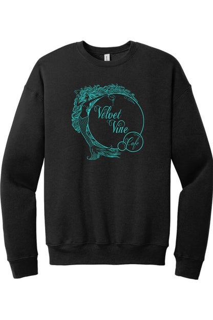 Black sponge fleece crewneck sweatshirt featuring a teal Velvet Vine Cafe mermaid logo on the chest.