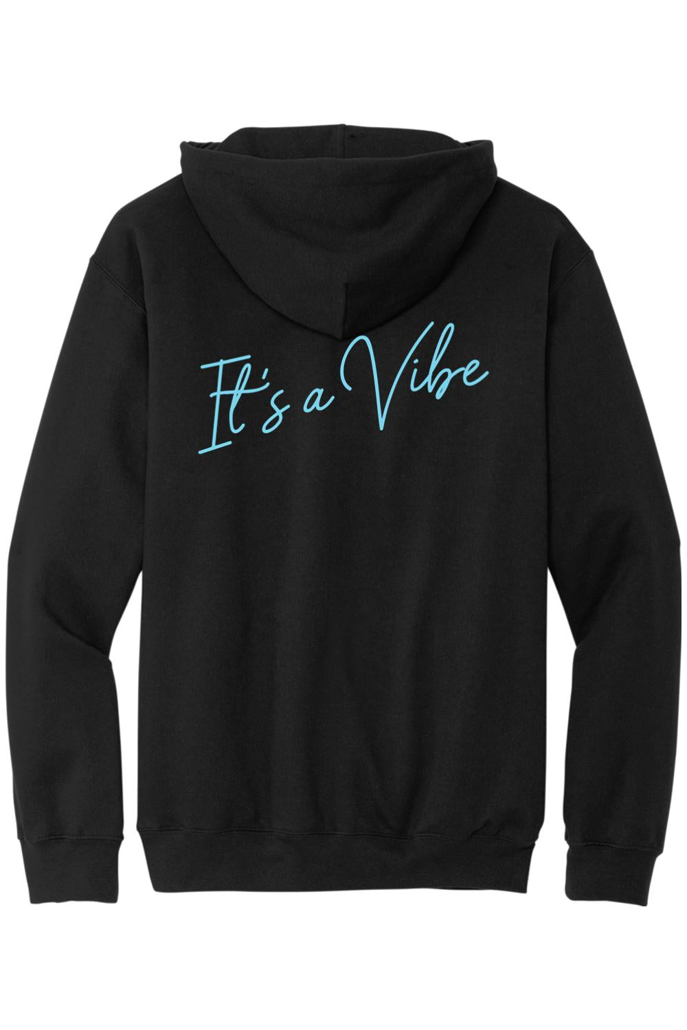 Black sponge fleece zip-up hoodie featuring a teal cursive It's a Vibe logo on the back.