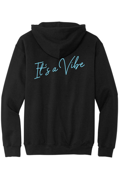 Black sponge fleece zip-up hoodie featuring a teal cursive It's a Vibe logo on the back.
