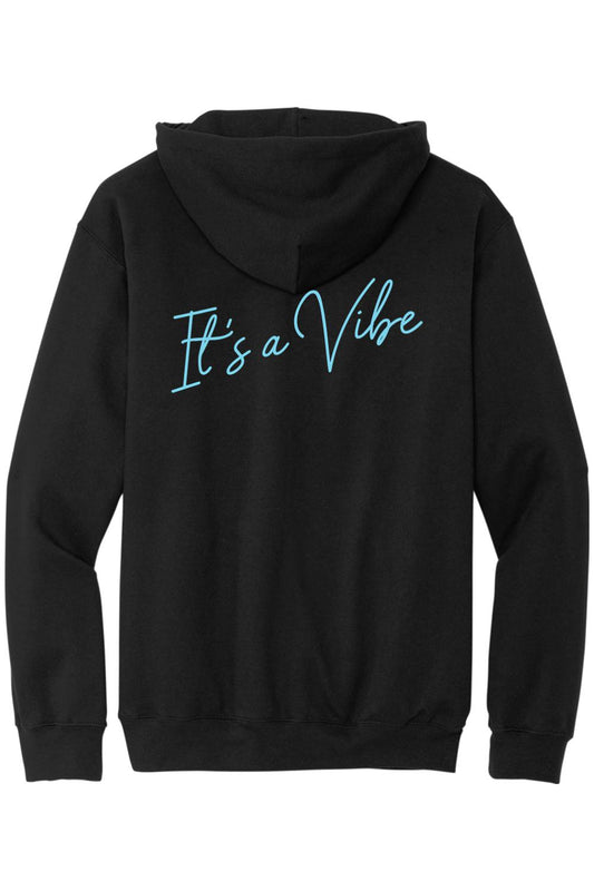 Black sponge fleece zip-up hoodie featuring a teal cursive It's a Vibe logo on the back.