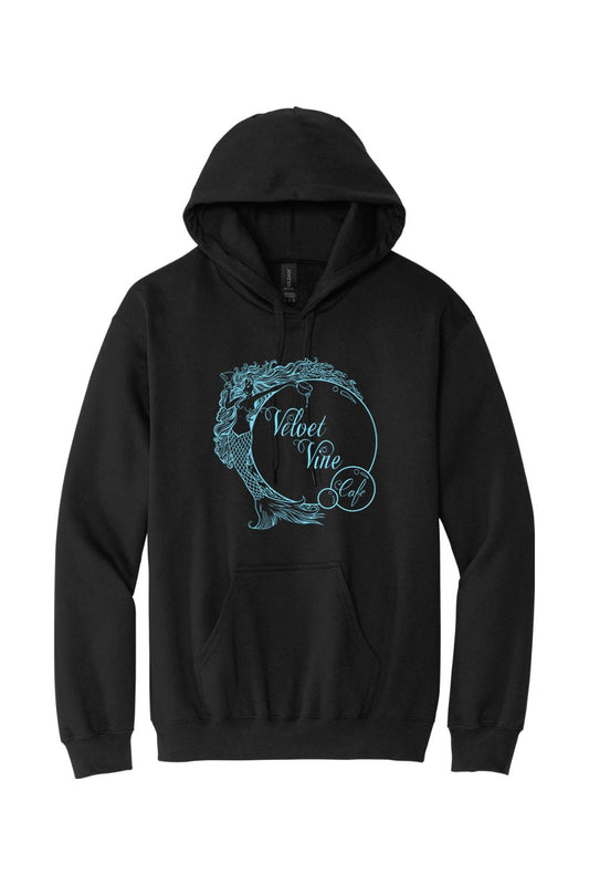 Black sponge fleece hoodie featuring a teal Velvet Vine Cafe logo with a mermaid graphic on the front.