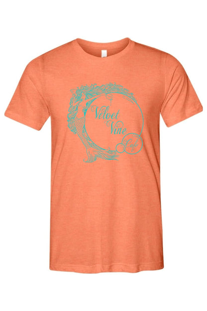 Soft orange triblend men's t-shirt featuring a teal Velvet Vine Cafe mermaid logo graphic on the chest.