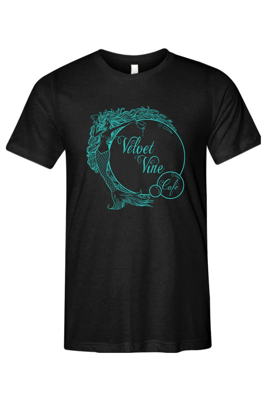Black triblend men's t-shirt featuring a teal Velvet Vine Cafe mermaid logo graphic on the chest.
