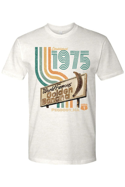Off-white 100% cotton t-shirt featuring a vintage Golden Banana 1975 graphic with retro stripes and text.