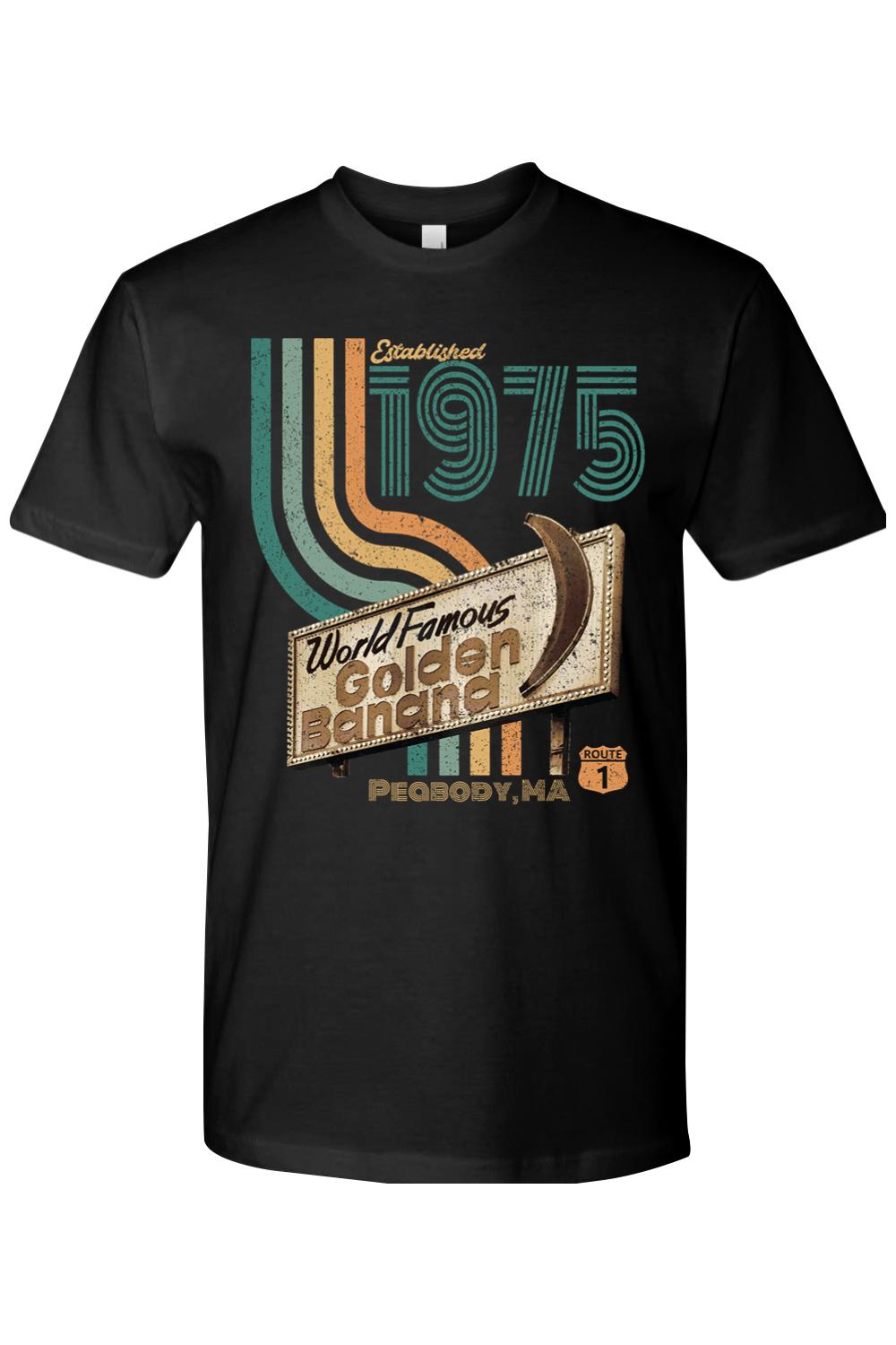 Black 100% cotton t-shirt featuring a vintage 1975 World Famous Golden Banana Peabody, MA graphic design.