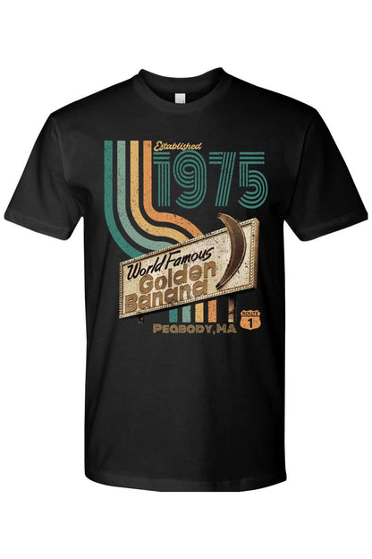 Black 100% cotton t-shirt featuring a vintage 1975 World Famous Golden Banana Peabody, MA graphic design.