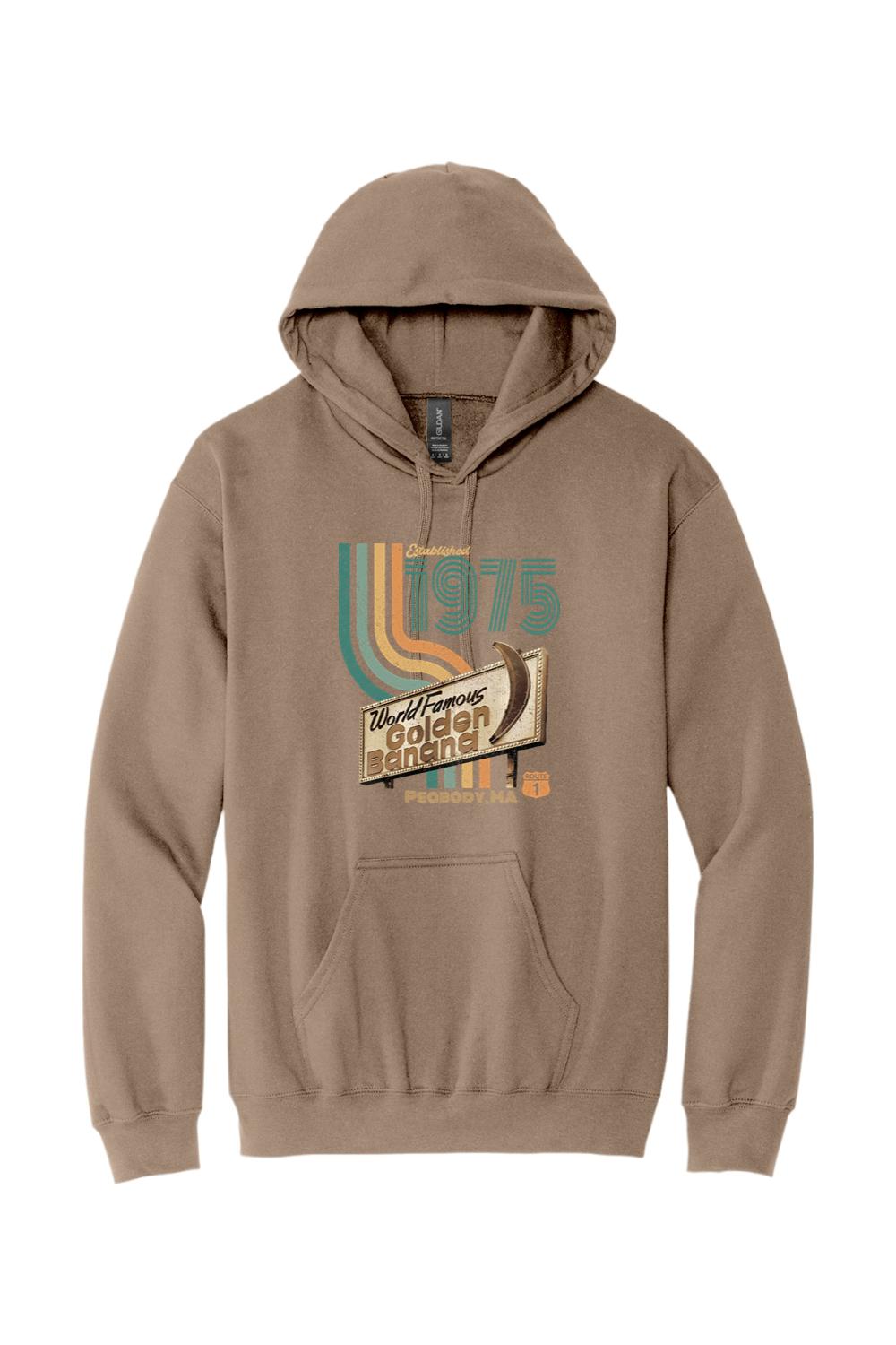 Taupe pullover hoodie featuring a retro World Famous Golden Banana sign graphic with 1975 text and colorful stripes.