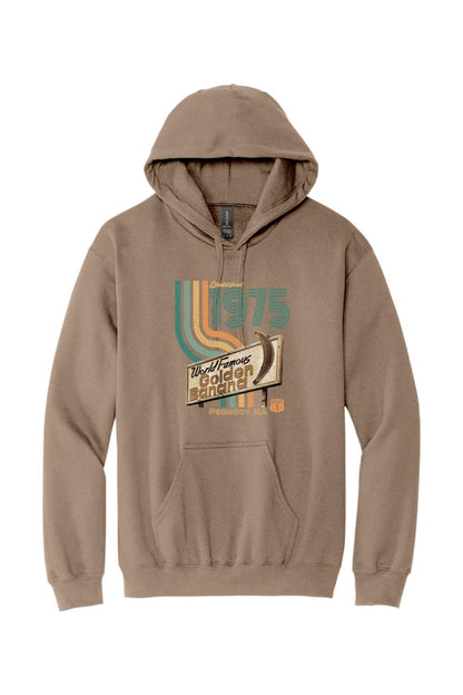 Taupe pullover hoodie featuring a retro World Famous Golden Banana sign graphic with 1975 text and colorful stripes.