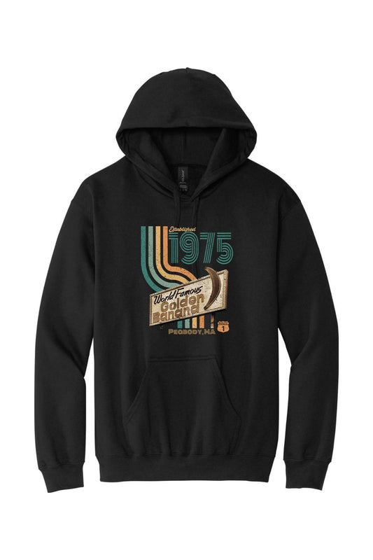 Black hooded sweatshirt featuring a vintage 1975 World Famous Golden Banana graphic print in retro colors.