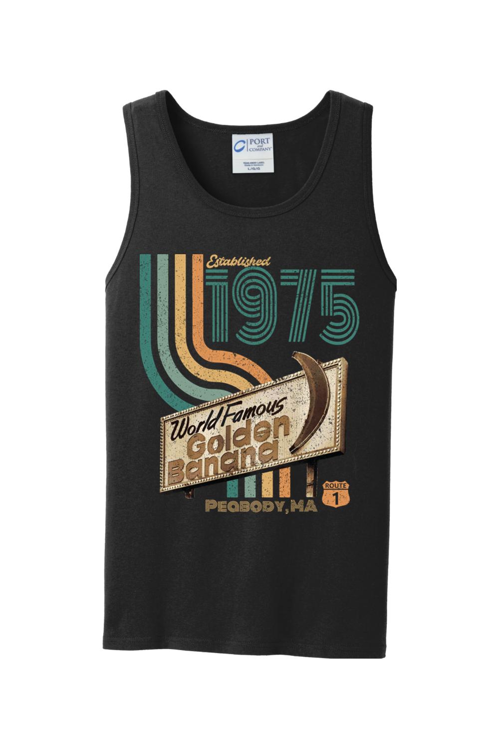 Black tank top featuring a retro 1975 World Famous Golden Banana Peabody, MA graphic print with vintage stripes.